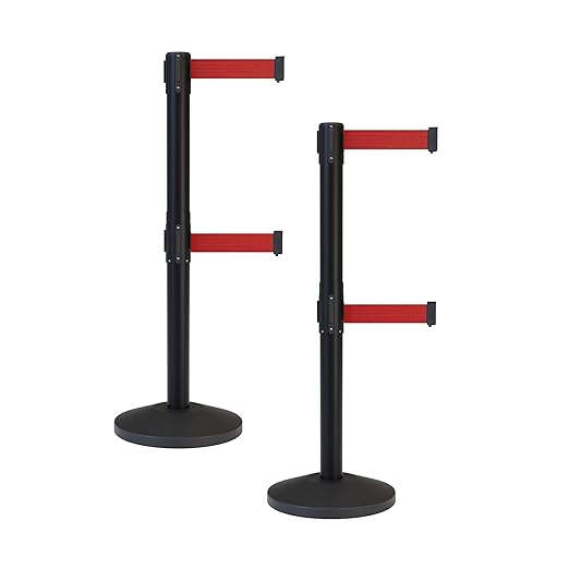 Crowd Control Warehouse CCW Series RBB-100D Set of 2 Stanchion Retractable Belt Barriers - Sloped Base, 7.5 Foot, Red Dual Belt with Black Post - Easy Assembly