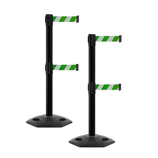 CCW Series WBB-200D - Set of 2 Retractable Dual Belt Barrier Stanchion, Heavy Duty Rubber Base, Black Post (7.5 Foot Belt, Green and White Diagonal Belt)