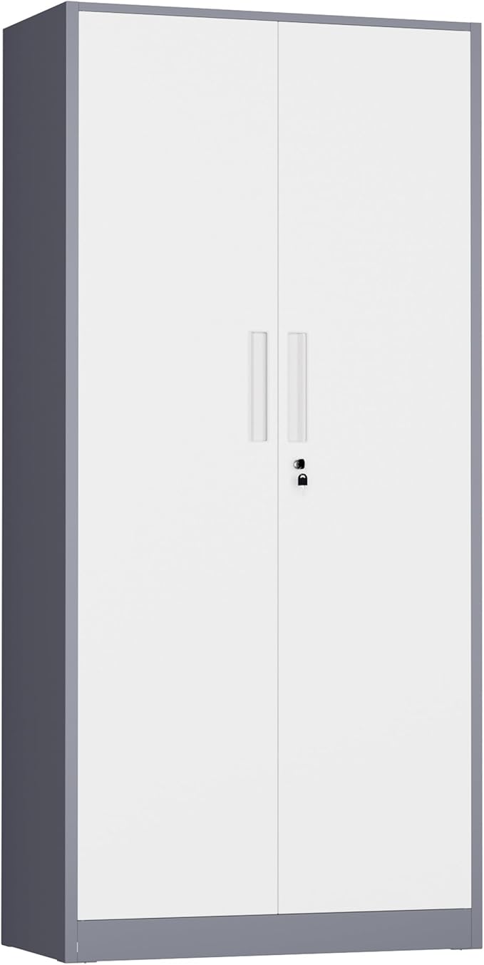 INTERGREAT Metal Storage Cabinet with Lock, 61" H Metal Cabinets Storage with 2 Doors and 4 Adjustable Shelves, Locking Garage Cabinet for Home Office, Kitchen, Bathroom (White Grey)