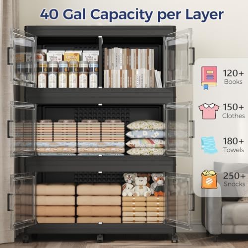 800 QT Extra Large Stackable Storage Bins with Lid, 200 Gal Collapsible Storage Box with Wheels, Folding Closet Organizers and Storage Cabinet with Doors for Home, Kitchen, Office, 5Pack Black