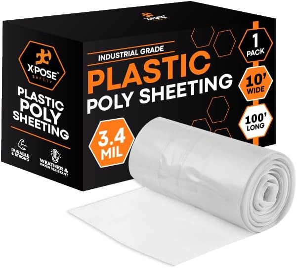 Xpose Safety Clear Plastic Sheeting – 10' x 100' Roll – Heavy Duty 3.4 Mil Poly Sheet – Waterproof, Dustproof, Vapor Barrier – for Construction, Painting, Industrial Use