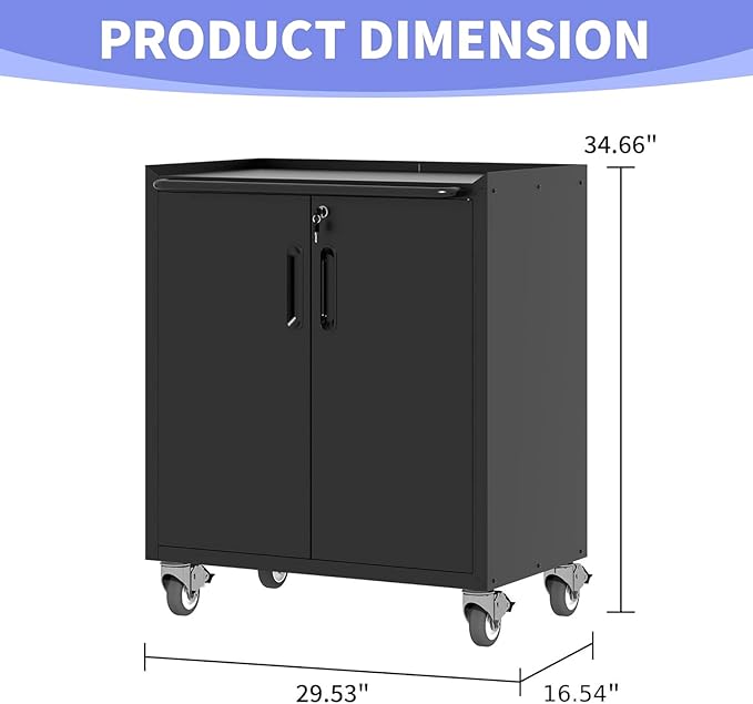 Metal Garage Storage Cabinet on Wheels, Lockable Rolling Tool Cabinet with Doors and Shelves, Heavy Duty Mobile Steel Cabinet for Garage Warehouse Workshop