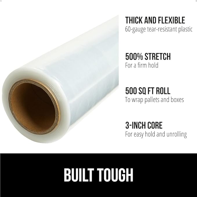 GORILLA GRIP 500% Stretch Film Heavy Duty Plastic, 2 Pack 500ft Shrink Wrap Rolls 10" Puncture Resistant, Industrial Strength for Pallet Storing, Wrapping, Moving, Packing Furniture Protection Clear