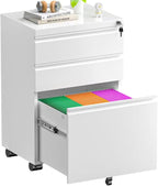 Superday File Cabinet 3 Drawer, Fully Assembled Metal Rolling Vertical Filing Cabinet with Wheels, Small Under Desk File Cabinets for Home Office (White)