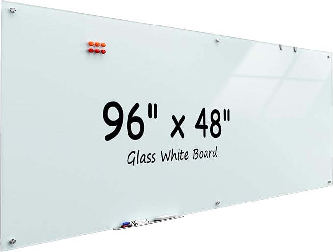 MaxGear Glass Whiteboard 96x48 Inches Wall Mounted, Magnetic White Board with 1 Eraser, 1 Accessory Tray, 4 Markers and 6 Magnets, Extra Large Frameless Dry Erase Board for Office, School, Home