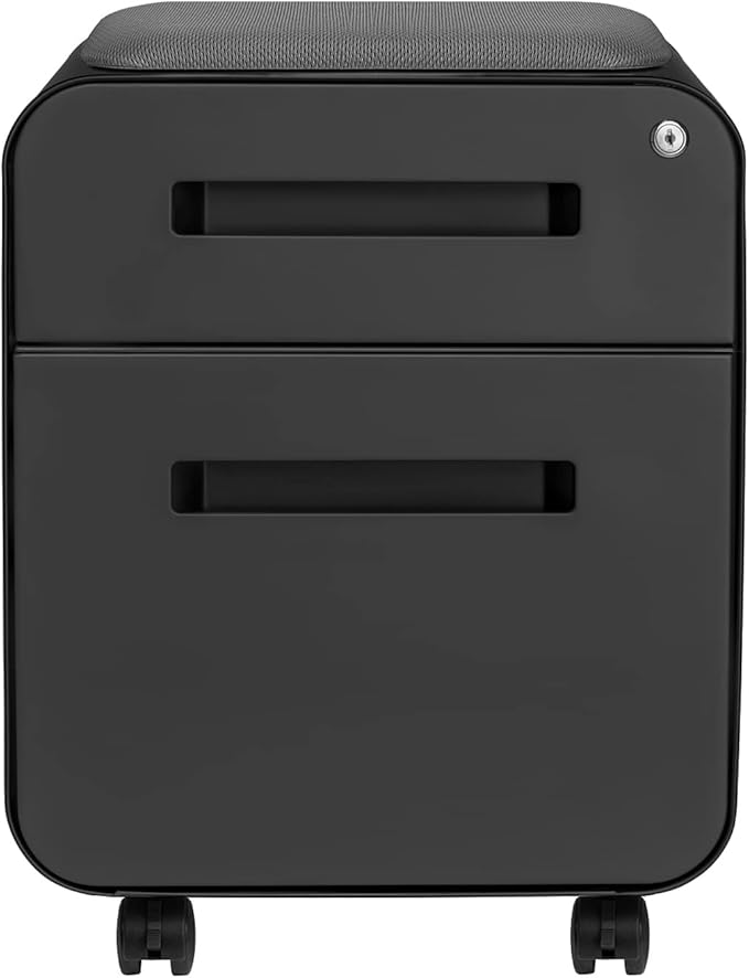 Laura Davidson Furniture STOCKPILE Mini Seated 2 Drawer Mobile File Cabinet with Removable Magnetic Cushion Seat - Short Version, Metal Filing Cabinet, Pre-Assembled, Black with Grey Cushion