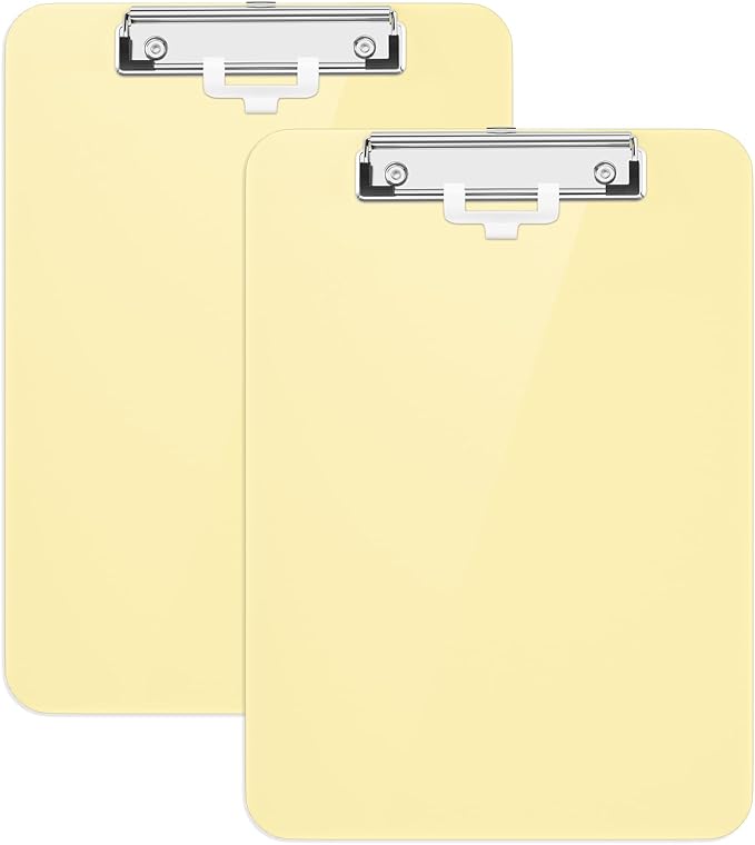 Hongri Plastic Clipboard with Pen Holder, Yellow 8.5x11 Letter Size Clip Board for Classroom, Office, Students, Nurses and Women, Low Profile Clip, Size 12.5 x 9 in(Pack of 2)