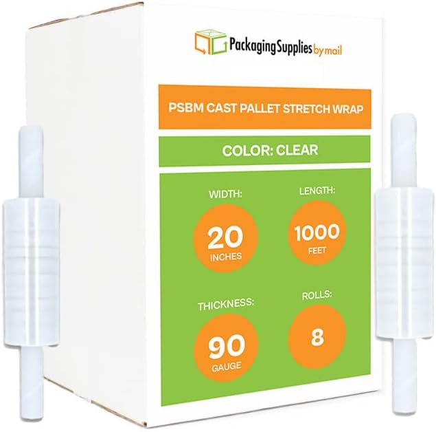 PSBM Stretch Wrap with Extended Core Handles, 8 Pack, 20 Inch x 1000 Feet, 90 Gauge, Clear, Large Plastic Cling Film for Pallets Moving Storing