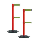 Montour Line MSR630D Set of 2 Retractable Belt Barrier Stanchion, Heavy-Duty Rubber Base, Red Post (9 ft Olive Dual Belt)