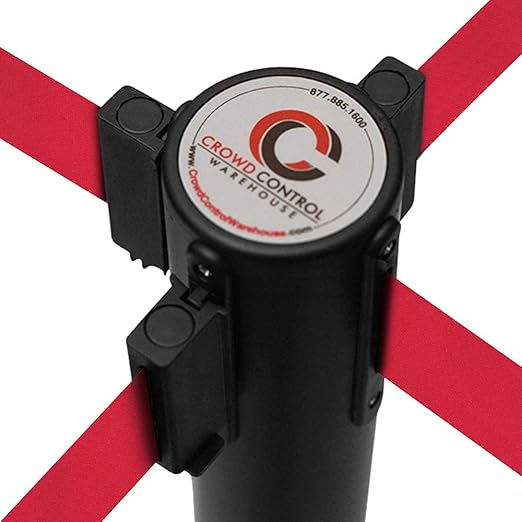 Crowd Control Warehouse CCW Series RBB-100 - Set of 2 Stanchions with Retractable Belts - 11 Foot Red Belt, Black Post - Retractable Line Barrier, Crowd Control Stanchion