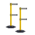 Crowd Control Warehouse CCW Set of 2 Retractable Dual Belt Stanchion Safety Barrier, Heavy-Duty Rubber Base Yellow Post, WBB-200D (7.5 Foot Belt, Black with White Horizontal Stripe Belt)