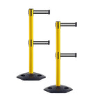Crowd Control Warehouse CCW Set of 2 Retractable Dual Belt Stanchion Safety Barrier, Heavy-Duty Rubber Base Yellow Post, WBB-200D (9 Foot Belt, Black with White Horizontal Stripe Belt)