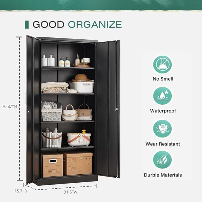 Garage Storage Cabinet with 2 Lockable Doors, Adjustable Shelves Metal Storage Cabinet, Kitchen Pantry Storage Cabinet, Heavy-Duty Steel Cabinet for Home, 71'H, Black