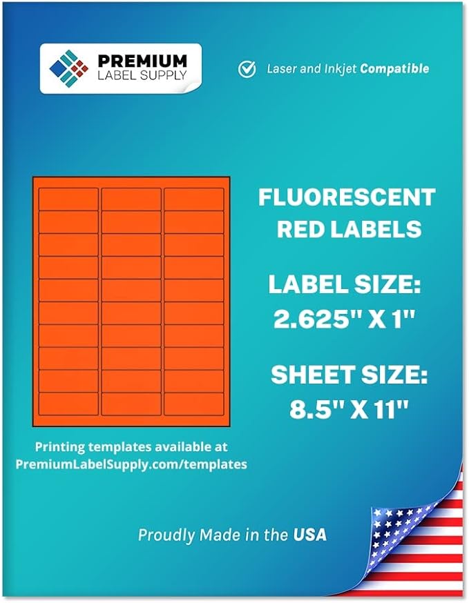 Premium Label Supply Bright Neon Color Fluorescent Stickers - 2.625" x 1" Address Labels - (Fluorescent Red, 15000 Labels)