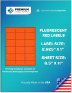 Premium Label Supply Bright Neon Color Fluorescent Stickers - 2.625" x 1" Address Labels - (Fluorescent Red, 3000 Labels)