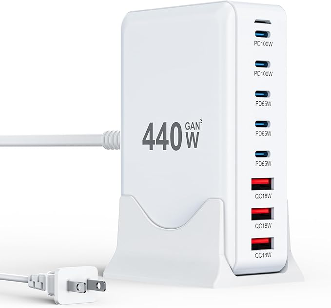 USB C Charger Block 440W Charging Station Hub,8 Port GaN III Fast Charging Brick with 5ft Extension Cord,PD QC PPS 100W Laptop Power Adapter for MacBook Pro/Air,iPhone 17/16/15,Samsung Galaxy,Dell etc