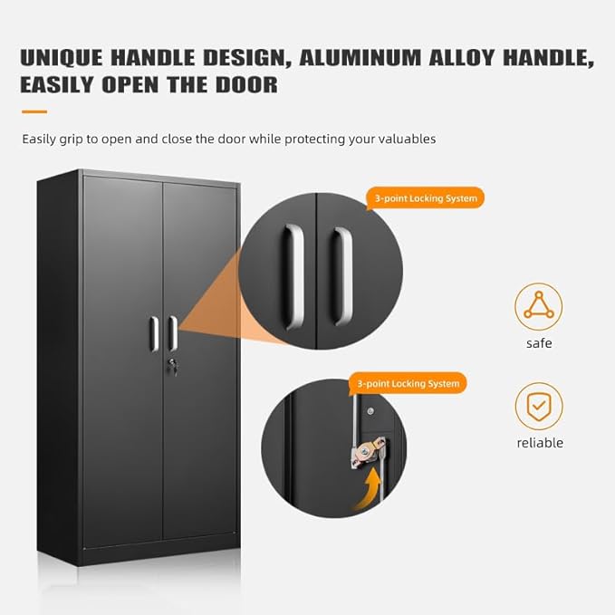 Garage Storage Cabinet with 2 Lockable Doors, Adjustable Shelves Metal Storage Cabinet, Kitchen Pantry Storage Cabinet, Heavy-Duty Steel Cabinet for Home, 71'H, Black