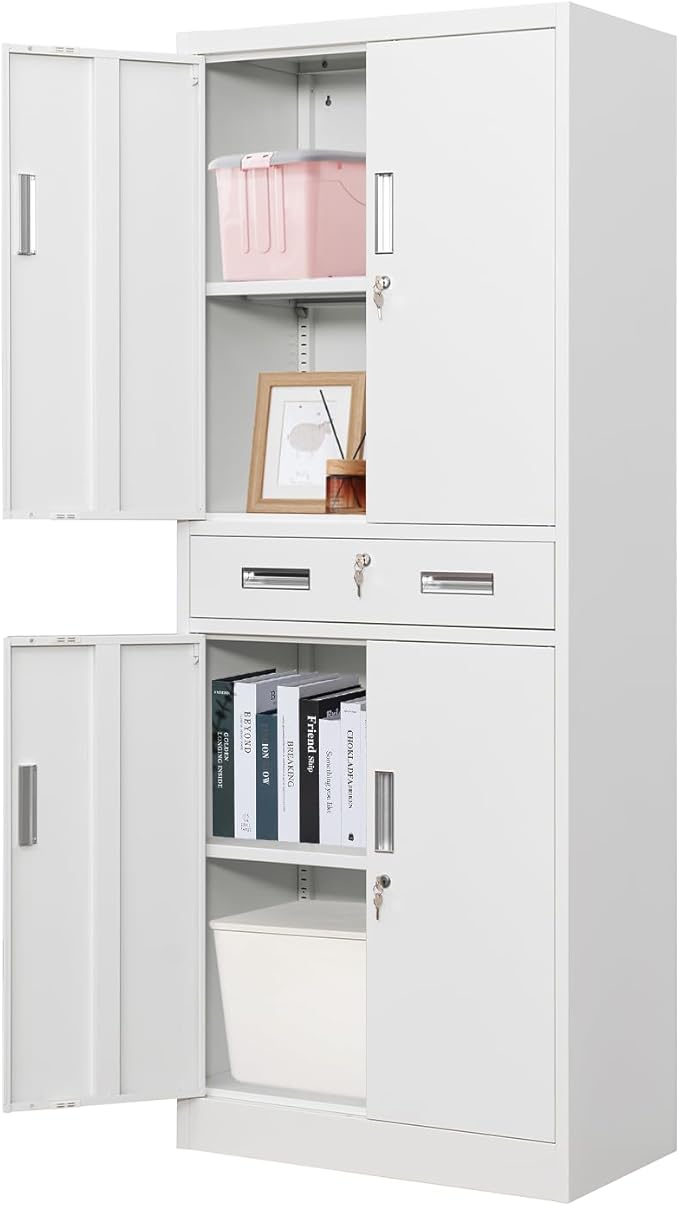 Metal Storage Cabinet, 71 Inch Tall Metal Storage Cabinet with Doors and Shelves, Pantry Cabinets with Drawer for Kitchen Storage, Garage Cabinet for Living, Dining Room, Assemble Required.