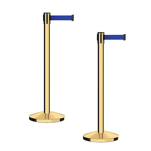 CCW Series RBB-100 - Set of 2 Stanchion Retractable Belt Barriers (11 Foot Belt, Dark Blue Belt with Polished Brass Post)