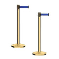 CCW Series RBB-100 - Set of 2 Stanchion Retractable Belt Barriers (7.5 Foot Belt, Dark Blue Belt with Polished Brass Post)