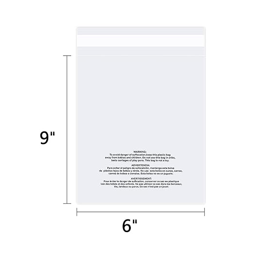 iMailer - 100 Count - 6" x 9" Small Clear Poly Bags with Suffocation Warning Self Seal 1.6 Mil for Clothing, Bakery, Gifts - Resealable Adhesive, Not Strong