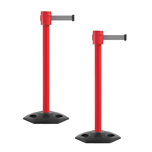 Montour Line MSR760 Set of 2 Retractable Belt Barrier Stanchion, Rubber Base, Red Post (35 ft Light Grey Belt)
