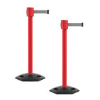 Montour Line MSR760 Set of 2 Retractable Belt Barrier Stanchion, Rubber Base, Red Post (35 ft Light Grey Belt)