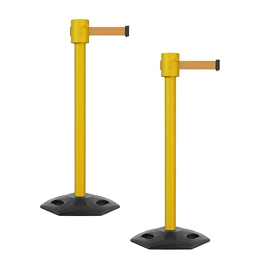 Montour Line MSR760 Set of 2 Retractable Belt Barrier Stanchion, Rubber Base, Yellow Post (35 ft Brown Belt)