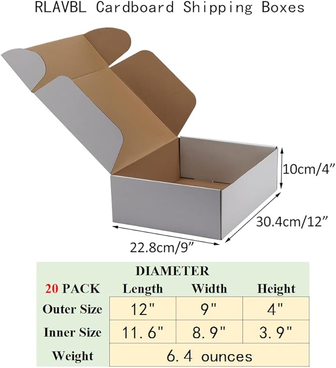 RLAVBL 12x9x4 Inches Shipping Boxes Set of 20, White Small Corrugated Cardboard Box, Mailer Boxes for Packing Small Business