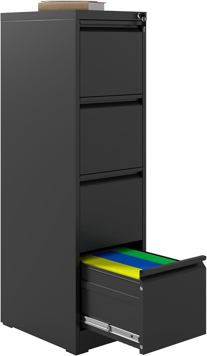 4 Drawer File Cabinet with Lock, Vertical Filing Cabinets for Home Office, Metal Storage Cabinets, Heavy Duty File Cabinet for Letter/Legal/A4/F4 Size Amssebly Required, Black