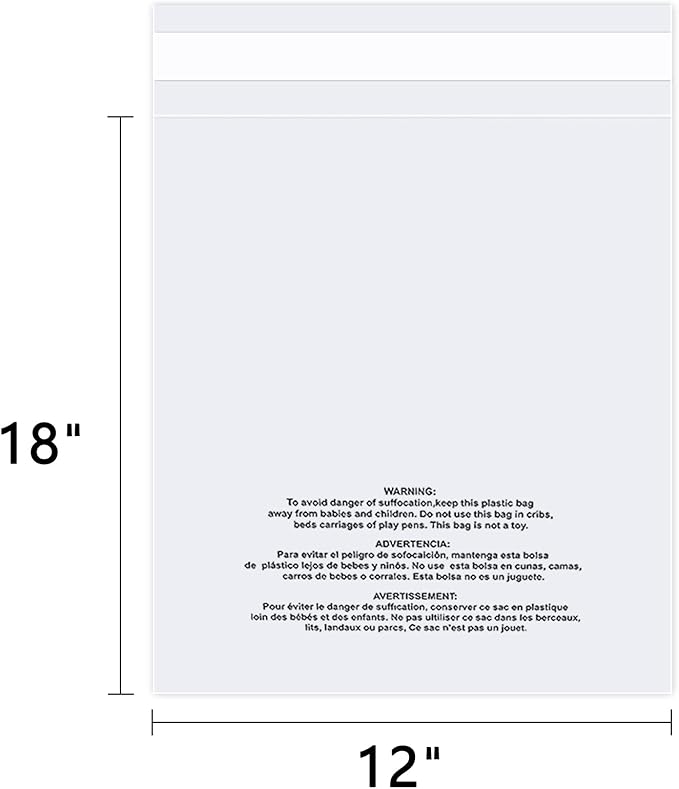 iMailer - 200 Count - 12" x 18" Poly Bags with Suffocation Warning - Clear Plastic Packaging Bags for Clothing, T-Shirts - Resealable Adhesive, Not Strong