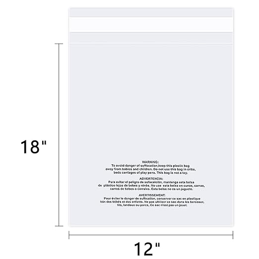 iMailer - 100 Count - 12" x 18" Poly Bags with Suffocation Warning - Clear Plastic Packaging Bags for Clothing, T-Shirts - Resealable Adhesive, Not Strong