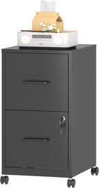 2 Drawer Mobile File Cabinet with Lock and Wheels, Small Vertical Under Desk Steel Rolling Storage Cabinet for Home Office Legal/Letter/A4 Files, Assembly Required (Black)
