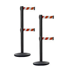 Crowd Control Warehouse CCW Set of 2 Dual Retractable Belt Barrier Stanchion, Cast Iron Base Black Post, IRBB-100D (11 Belt, Red and White Diagonal Belt)