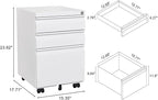 3-Drawer Lockable Mobile File Cabinet – Metal A4/Letter/Legal Size Storage for Home/Office, Space-Saving Under-Desk Cabinet with Wheels[Installation Required] (White-B)