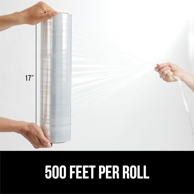 GORILLA GRIP 500% Stretch Film Heavy Duty Plastic, 500ft Shrink Wrap Roll 17" Puncture Resistant, Industrial Strength for Shipping, Pallet Storing, Moving, Packing Furniture Protection 1 Pack Clear