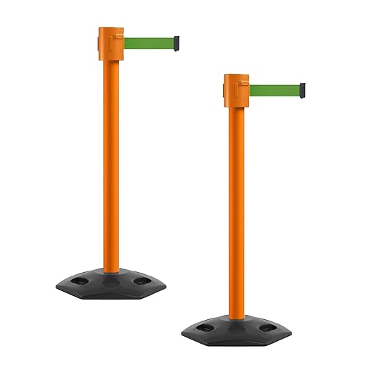Montour Line MSR760 Set of 2 Retractable Belt Barrier Stanchion, Rubber Base, Orange Post (35 ft Green Belt)