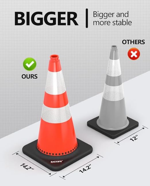 (12 Pack) BATTIFE Traffic Cones 28 Inch with Black Weighted Base, PVC Orange Cone for Traffic Control, Construction Events, Driveway Road Parking Lot