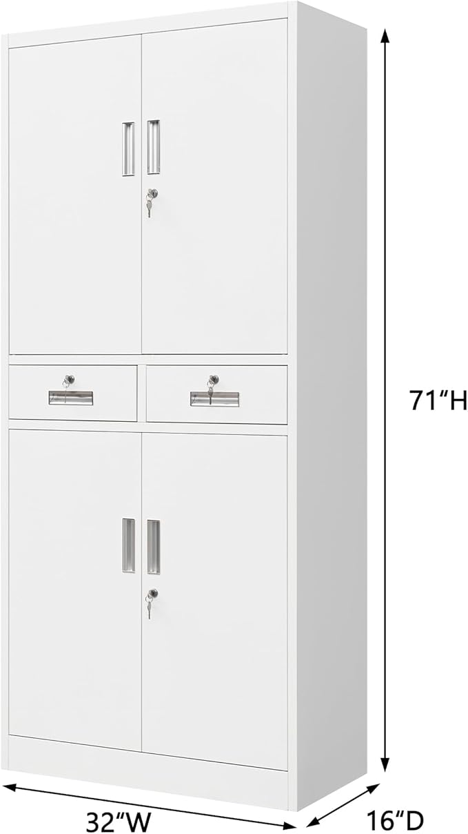 Metal Storage Cabinet, Locking Storage Cabinet with Adjustable Shelves and 2 Drawers, 16" D x 32" W x 71" H Steel Cabinets for Office, Garage, Home, Classroom, Utility Room(White)