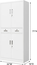 Metal Storage Cabinet, Locking Storage Cabinet with Adjustable Shelves and 2 Drawers, 16" D x 32" W x 71" H Steel Cabinets for Office, Garage, Home, Classroom, Utility Room(White)