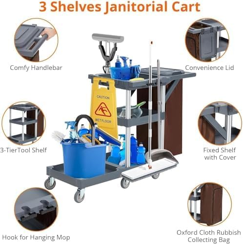 Heavy-Duty Janitorial Cleaning Cart with Wheels, 3-Shelf Rolling Housekeeping Trolley with 16-Gallon Trash Bag – 220 Lb Capacity Utility Cart for Hotels, Schools, Offices & Apartments