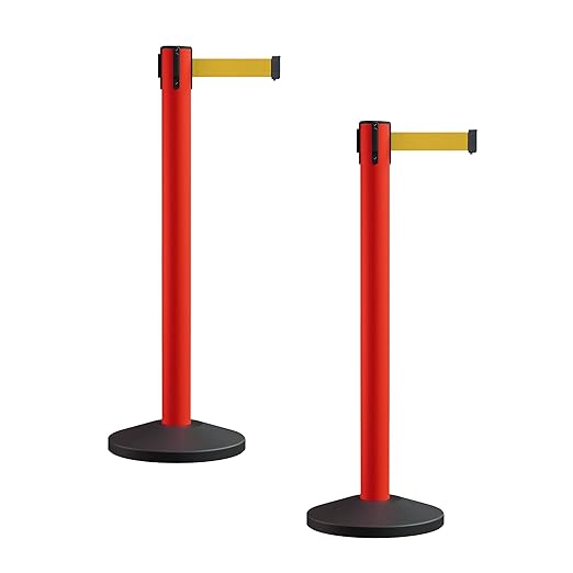 Crowd Control Warehouse CCW Series RBB-150 - Set of 2 Stanchion Retractable Belt Barriers - 16 Foot, Yellow Belt with Red Post - Easy Assembly