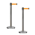 CCW Series RBB-100 - Set of 2 Stanchion Retractable Belt Barriers (9 Foot Belt, Fluorescent Orange Belt with Satin Stainless Steel Post)