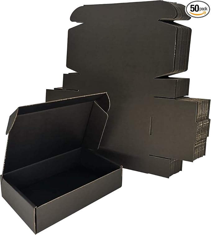 50 Pack 9x6x2'' Small Shipping Boxes, Black Corrugated Cardboard Mailers for Mailing Packaging Small Business (BK962-50)