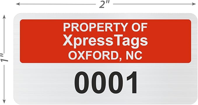 XpressTags 1" x 2" Custom Asset Tags with Consecutive/Serial Number, Fixed Inventory Asset Labels, Brushed Metalized Silver Polyester Stickers - Pack Sizes 100 to 5000, Made in USA