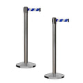 CCW Series RBB-100 - Set of 2 Stanchion Retractable Belt Barriers (11 Foot Belt, Blue and White Diagonal Belt with Satin Stainless Steel Post)