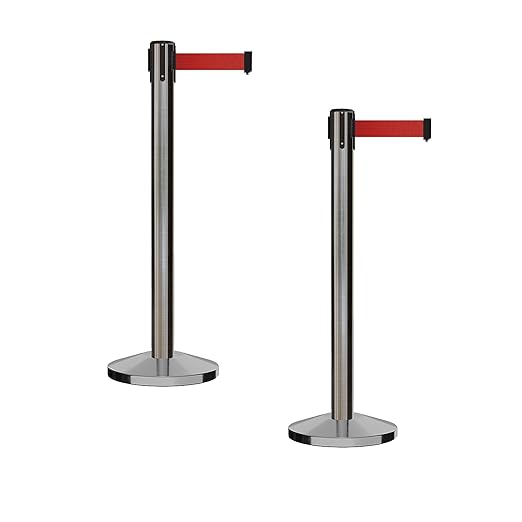 Crowd Control Warehouse CCW Series RBB-150 - Set of 2 Stanchion Retractable Belt Barriers - 16 Foot, Red Belt with Satin Stainless Steel Post - Easy Assembly
