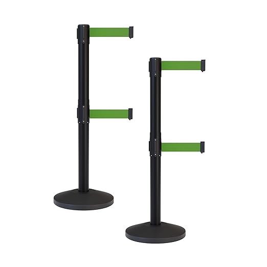 Crowd Control Warehouse CCW Series RBB-100D Set of 2 Stanchion Retractable Belt Barriers - Sloped Base, 7.5 Foot, Green Dual Belt with Black Post - Easy Assembly
