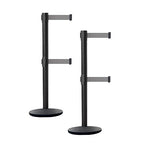 Crowd Control Warehouse CCW Set of 2 Dual Retractable Belt Barrier Stanchion, Cast Iron Base Black Post, IRBB-100D (7.5 Belt, Light Grey Belt)