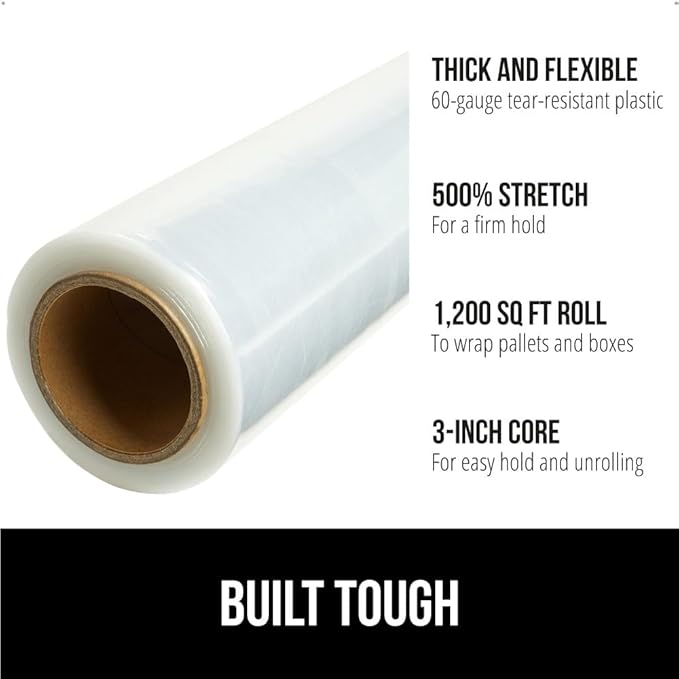GORILLA GRIP 500% Stretch Film Heavy Duty Plastic, 1200ft Shrink Wrap Roll 17" Puncture Resistant, Industrial Strength for Shipping, Pallet Storing, Moving, Packing Furniture Protection 1 Pack Clear